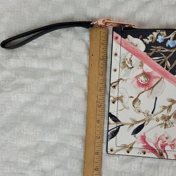 White House Black Market moody black floral flat clutch rose gold metal studs - Picture 5 of 10